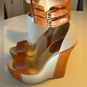 Red Valentino Garavani Leather & Canvas Wedge Ankle Cuff Sandals Sz 5.5 EUC